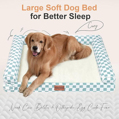 Large Dog Bed Orthopedic Washable: Beds Bolster XL Bed Big XLarge Dogs Egg Crate Foam Couch Sofa Waterproof with Removable Cover - Green Grid