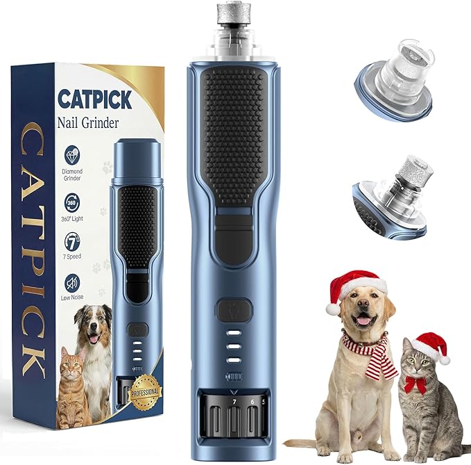 7-Speed Dog & Cat Nail Grinder with Light - Ring LED Safe to Avoid Overcut, Quiet Low Vibration & Powerful Fast, Cordless Rechargeable Toenail Trimmer for Small & Large Puppy & Breeds Paws(Blue)