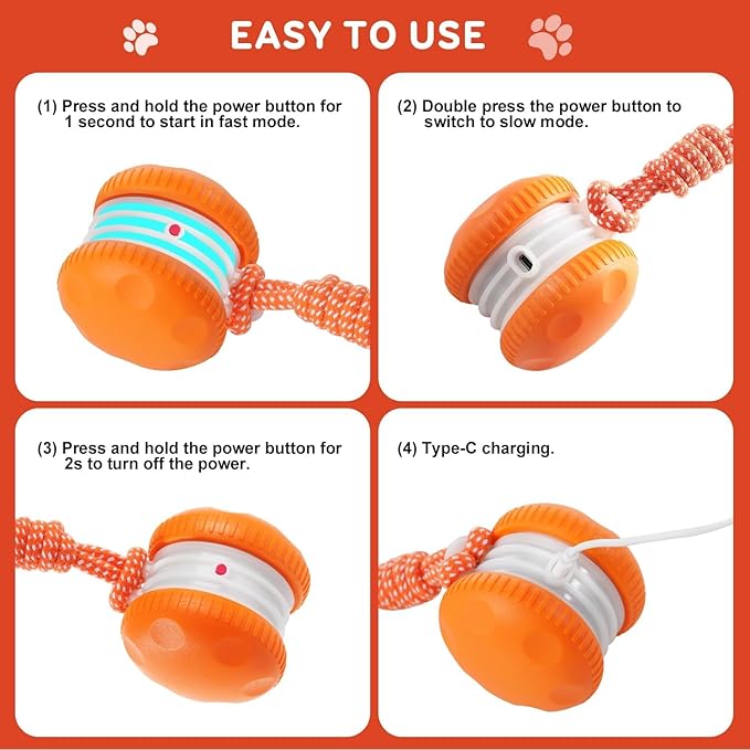 QGI Interactive Dog Toys, Random Path Electric Automatic Moving and Rolling Dogs Toy with Rope for Small Medium Large Dogs, Motion-Activated Dog Stimulation Toy for Boredom Relief (Orange)