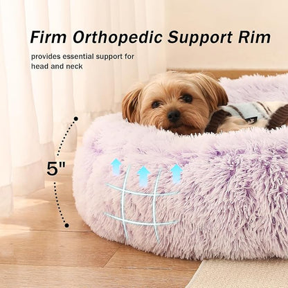NOYAL Calming Donut Dog Bed for Small to Medium Dogs & Cats - Plush Faux Fur Anti-Anxiety Pet Bed with Machine Washable Cover & Non-Slip Base