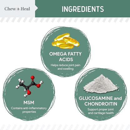 Chew + Heal Labs Glucosamine for Dogs Hip and Joint Supplement - 240 Senior Dogs Mobility Soft Chews - Made with Glucosamine, MSM, Chondroitin, Green Lipped Mussels and More - Made in The USA