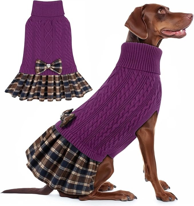 KYEESE Dog Sweater Warm Dog Sweater with Bowtie for Holiday Stretchy Dogs Clothes Warm Pullover Pet Sweaters for Medium Dogs Girl, Purple, XX-Large