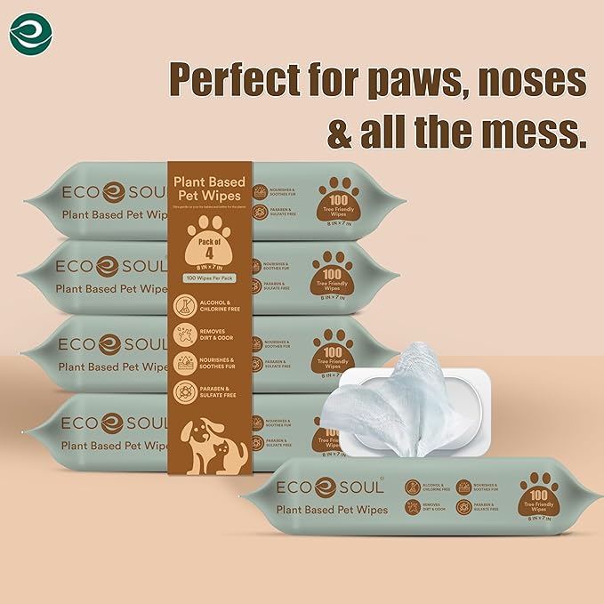 ECO SOUL Pet Wipes for Dogs & Cats, Unscented Large Cleaning Wipes with Aloe & Glycerin | Alcohol & Chlorine Free | Pack of 1 (100 Wipes) (Pack of 2)