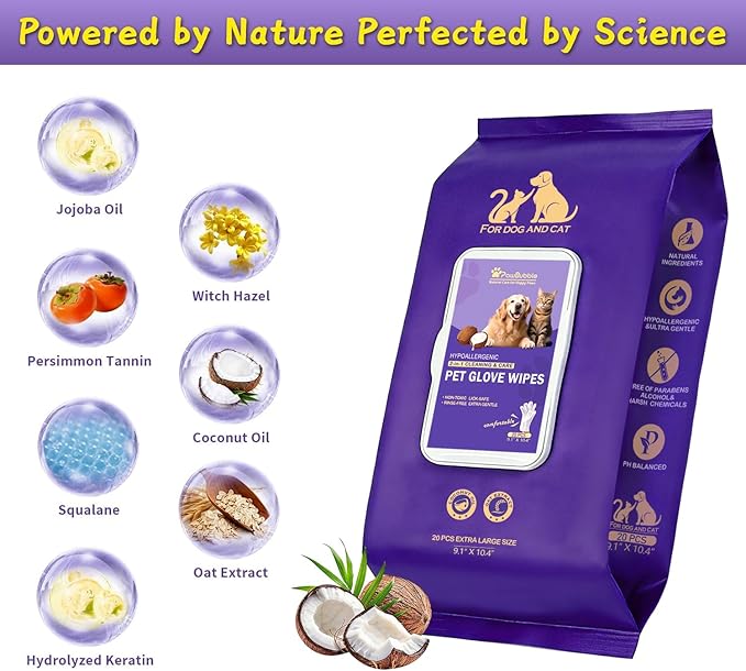PawBubble Pet Wipes, Cleaning Glove Wipes for Dogs & Cats Hypoallergenic, Lick-Safe, Full-Body Grooming & Deodorizing Wipes for Daily Care, Home & Outdoor Use (20 Counts)