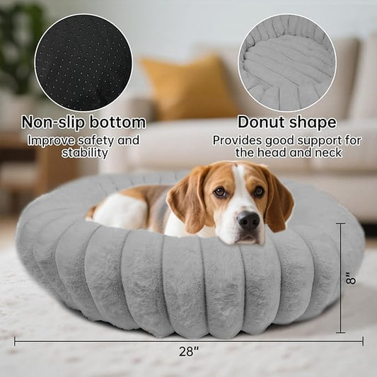 Donut Dog and Cat Bed, Luxurious Comfortable Faux Rabbit Fur Pet Beds, Round Anti-Anxiety Calming Puppy Kitten Bed with Anti-Slip Bottom for Small Medium Dogs & Cats(28", Grey)