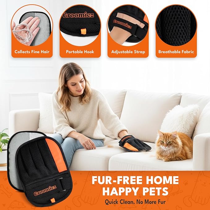 2 PCS Pet Hair Removal Gloves Set with Storage Bag – Electrostatic Dog & Cat Fur Remover Mitt for Furniture, Couch, Clothes & Car – Reusable & Washable Hair Cleaning Gloves