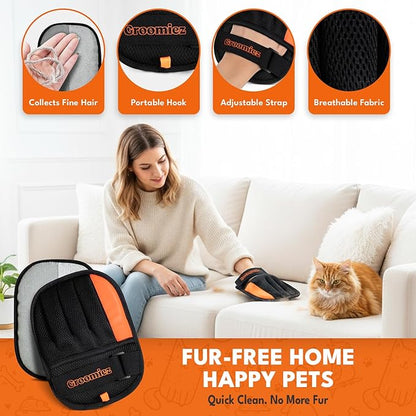 2 PCS Pet Hair Removal Gloves Set with Storage Bag – Electrostatic Dog & Cat Fur Remover Mitt for Furniture, Couch, Clothes & Car – Reusable & Washable Hair Cleaning Gloves