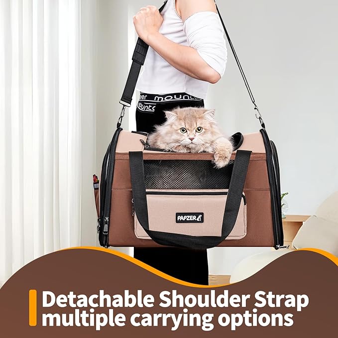 PAPZER Collapsible Small Pet Carrier for Cat 15 lbs with Fashion Pocket, Lightweight Sturdy Travel Carry Bag Little Puppy Dog, Breathable Stylish Kitten Soft Cage Kennel, 17.7x11.0x11.8 Inch Khaki