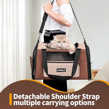 PAPZER Collapsible Small Pet Carrier for Cat 15 lbs with Fashion Pocket, Lightweight Sturdy Travel Carry Bag Little Puppy Dog, Breathable Stylish Kitten Soft Cage Kennel, 17.7x11.0x11.8 Inch Khaki