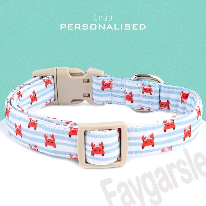 Faygarsle Cute Crab Pattern Dog Collar, Cotton Fabric, Light Blue Stripes, for Small Medium Large Dogs L