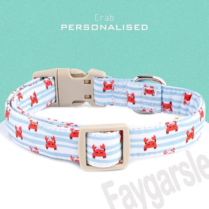Faygarsle Cute Crab Pattern Dog Collar, Cotton Fabric, Light Blue Stripes, for Small Medium Large Dogs L