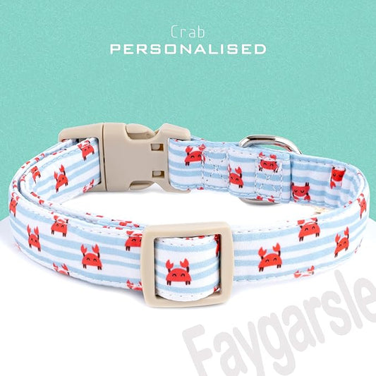 Faygarsle Cute Crab Pattern Dog Collar, Cotton Fabric, Light Blue Stripes, for Small Medium Large Dogs L