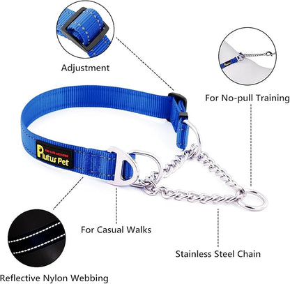 Plutus Pet Martingale Dog Collar with Stainless Steel Chain and Reflective Nylon, Adjustable No Pull Training Collar, for Small Medium, and Large Dogs, Royal Blue, M