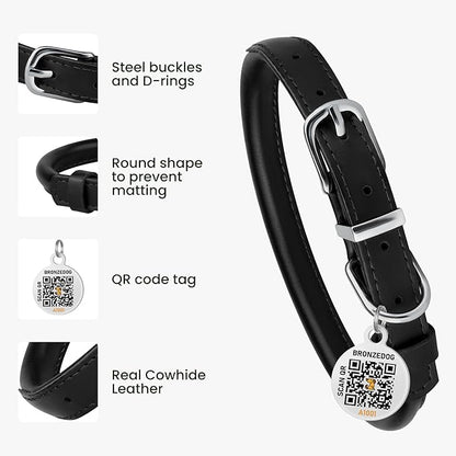 BRONZEDOG Rolled Leather Dog Collar for Small Medium Large Dogs with QR ID Tag (M: 14-16 Inch, Glossy Black)