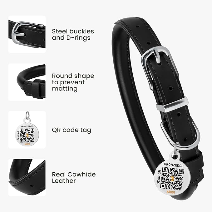 BRONZEDOG Rolled Leather Dog Collar for Small Medium Large Dogs with QR ID Tag (L: 16-18 Inch, Glossy Black)