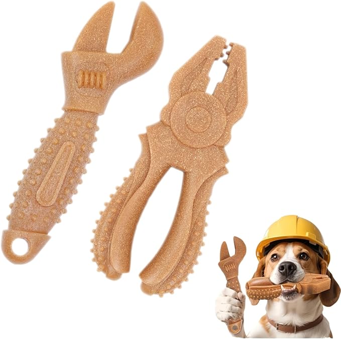 Dog Chew Toys, Aggressive chewer toy for Medium& Large dogs, Made of real pine wood and durable Food-Grade nylon, with Tool Shape Design for Dental Cleaning and Long-Lasting Chewing Fun(brown-wrench)