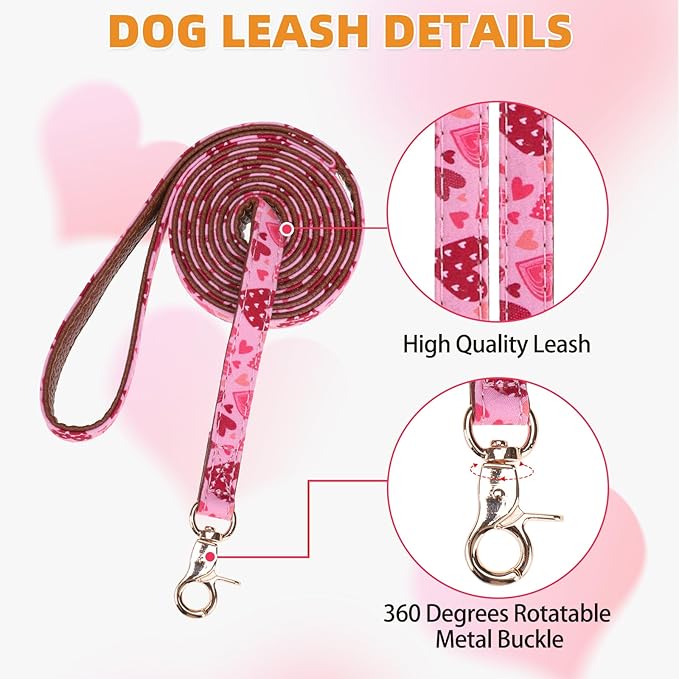 KOOLTAIL Valentine’s Day Dog Collar and Leash Set with Bowtie and Bells,Cute Puppy Bandana Collar and Leash for Girl with Pink Heart Pattern,Soft Leather Tangle Free Leashes for Small Dogs,Cats