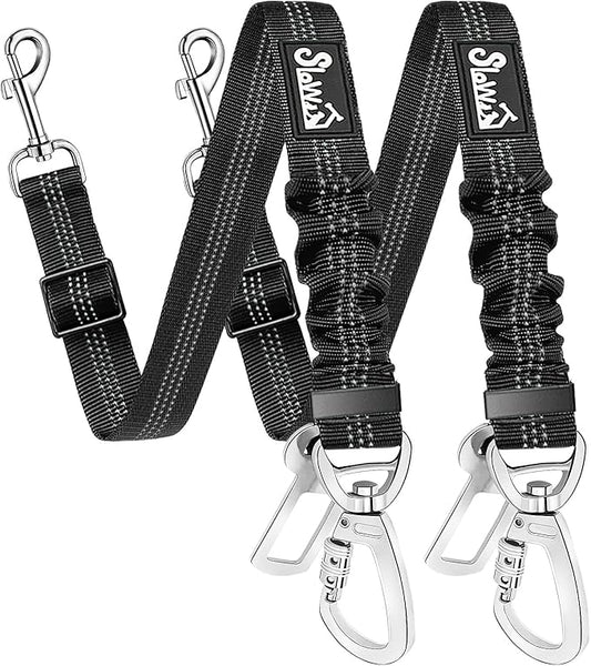 SlowTon Dog Seatbelt, 2 Pack Dog Seat Belt Car Leash Adjustable Elastic Bungee Buffer Heavy Duty Nylon Reflective Pet Safety Tether Connect to Dog Harness for Travel Riding in Vehicle (Daul Clip, B)
