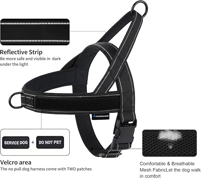 Annchwool No Pull Dog Harness,Heavy Duty Reflective Collar & Leash Set-Leash with Double Handle & Car Seatbelt Clip-Easy Control for Walking Training Medium Large Size Dogs(Black,L)