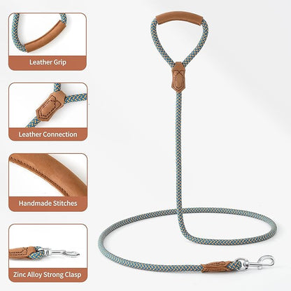 Mile High Life Leather Dog Leash, Heavy Duty Strong Genuine Leather Handle Rope Leash Soft and Comfortable for Small Medium Large Dogs (Peacock Blue, 60 Inch)