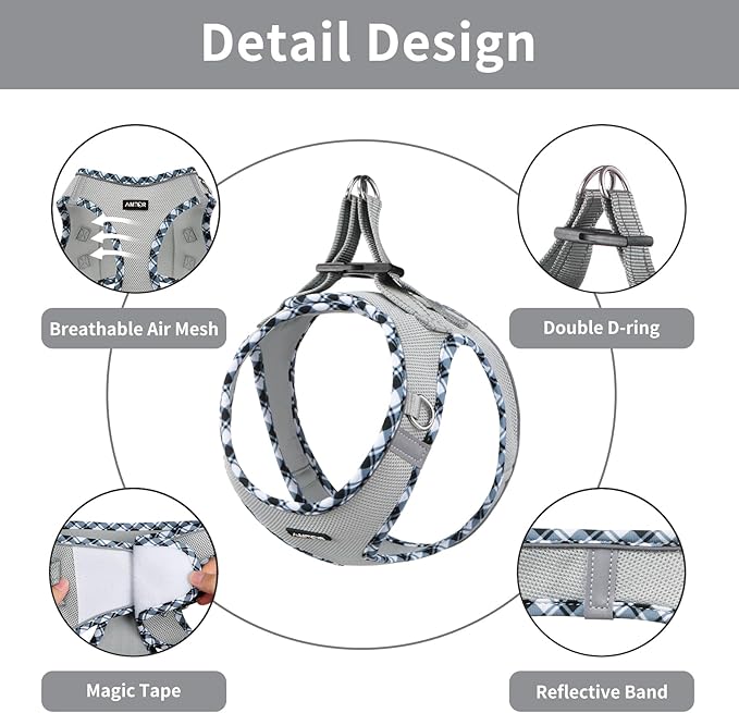 AMTOR Small Dog Harness with Leash Set, No Escape Easy Walk Puppy Harnesses for Training Walking, Step-in Reflective Soft Dogs Vest for XS S Medium Extra-Small Large Sized Dog(M,Grey)