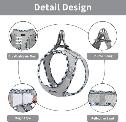 AMTOR Small Dog Harness with Leash Set, No Escape Easy Walk Puppy Harnesses for Training Walking, Step-in Reflective Soft Dogs Vest for XS S Medium Extra-Small Large Sized Dog(L,Grey)