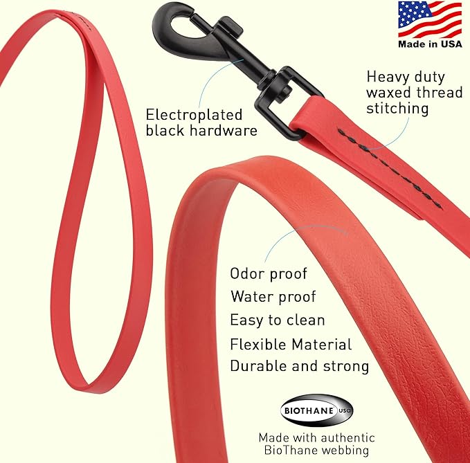 Dogline Biothane Waterproof Dog Leash 2/4/6 Ft Strong Coated Nylon Webbing with Black Hardware Odor-Proof Easy to Clean High Performance for Small or Large Dogs Made in USA, Cherry Red