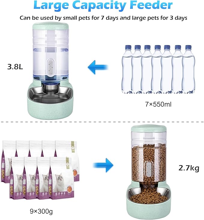 Automatic Cat Feeder and Water Dispenser with Stainless Steel Bowl Gravity Food Feeder and Waterer Set for Small Medium Dog Puppy Kitten 1 Gallon x 2(Green)