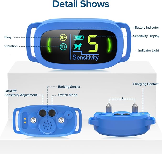 FAFAFROG Bark Collar, Rechargeable Dog Bark Collar with 5 Adjustable Sensitivity and Intensity Beep Vibration, Anti Barking Collar for Small Medium Large Breed Dogs (Blue)