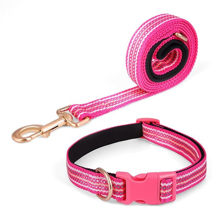 Reflective Dog Collar and Leash Set, Nylon Dog Leash with Heavy-Duty Steel D-Ring, Adjustable with Quick Release Buckle for Medium Dogs, Hot Pink M