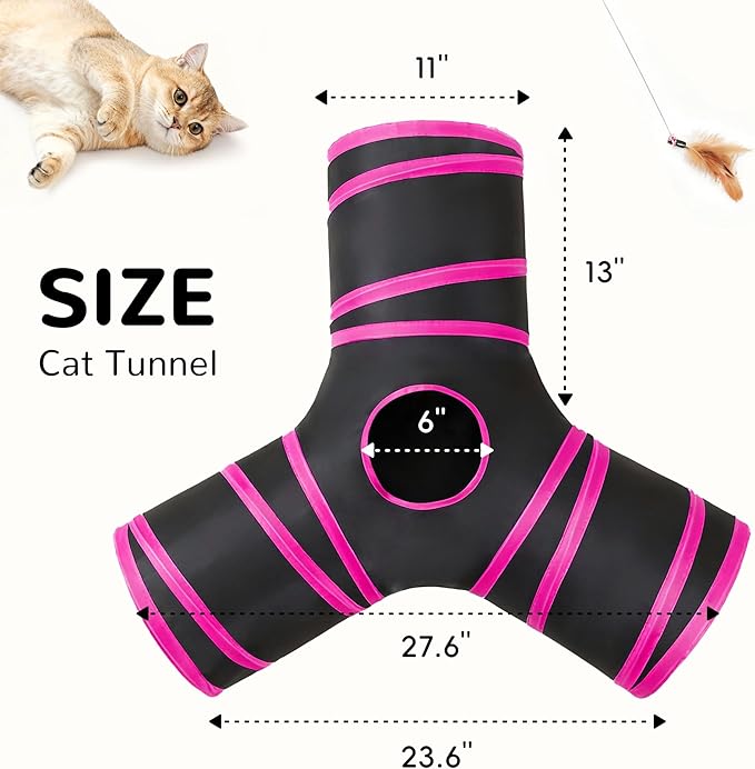 Tempcore Pet Tube Toys 3 Way Collapsible, Cat Tunnels for Indoor Cats，Kitty Bored Pet Toys with Peek Hole & Ball Cat, Puppy, Kitty, Kitten, Rabbit, Rose Red