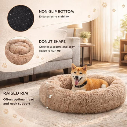 Dog & Cat Bed for Indoor Cats, 24in Calming Donut Pillow mat for Puppy and Kitten, Washable Cooling Round Fluffy Pet Nest for Small Medium Dogs and Cats, Brown