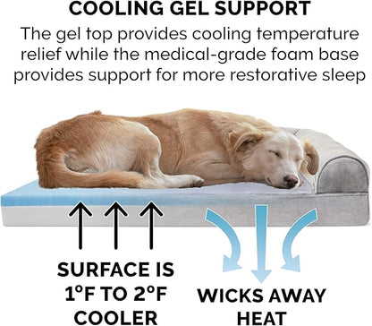 Furhaven Cooling Gel Dog Bed for Medium/Small Dogs w/ Removable Bolsters & Washable Cover, For Dogs Up to 35 lbs - Faux Fur & Velvet Sofa - Smoke Gray, Medium