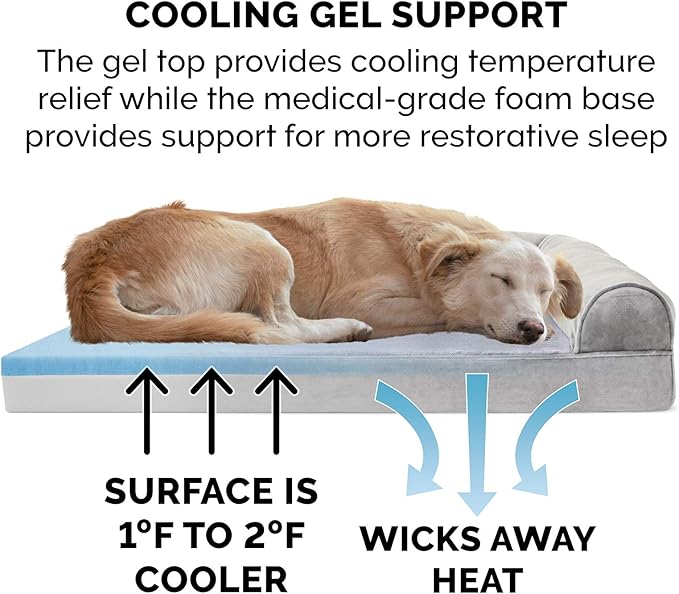 Furhaven Cooling Gel Dog Bed for Large Dogs w/ Removable Bolsters & Washable Cover, For Dogs Up to 125 lbs - Faux Fur & Velvet Sofa - Smoke Gray, Jumbo Plus/XXL