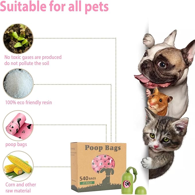 Dog Poop Bag Rolls Pink: 540 Count Dog Waste Bags with Dispenser, Extra Thick Strong Leak proof Poop Bags for Dogs Doggy | Unscented