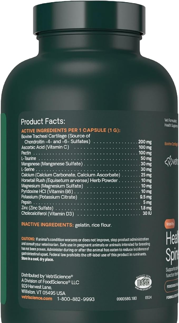 VetriScience Healthy Spine & Disc Easy-Open Capsules, Back and Spinal Support Chondroitin and Taurine Supplement for Dogs, Perfect for Dachshunds, Corgis, Frenchies, Basset Hounds & More, 180 Count