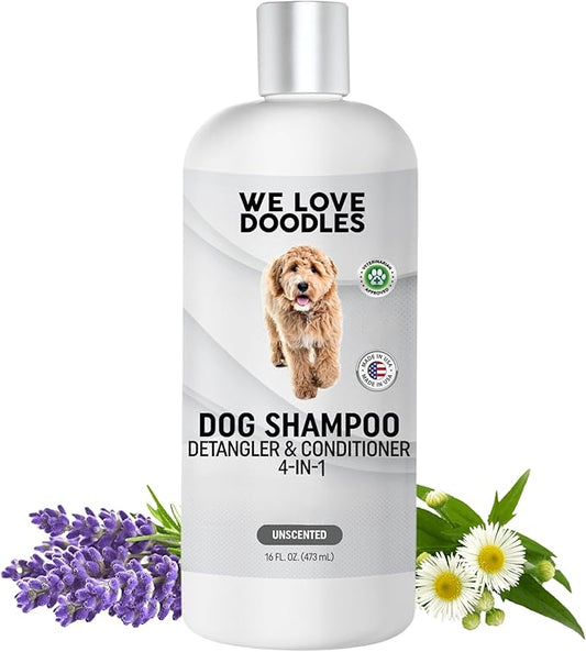 Dog Shampoo, Conditioner & Detangler - Best Shampoo for Goldendoodles, Poodles & Doodles Pet Hair - Hypoallergenic, Tearless, Sensitive Skin for Puppies & All Dog Breeds - Made in USA,16OZ (Unscented)
