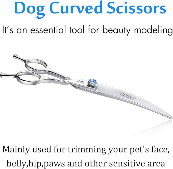 JASON 7" Curved Dog Grooming Scissors, Ergonomic Pets Cats Trimming Shears with Offset Handle and a Jewelled Screw for Right Handed Groomers, Sharp, Comfortable Christmas Gift