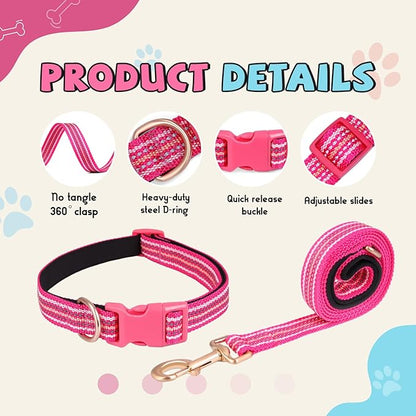 Reflective Dog Collar and Leash Set, Nylon Dog Leash with Heavy-Duty Steel D-Ring, Adjustable with Quick Release Buckle for Medium Dogs, Hot Pink M