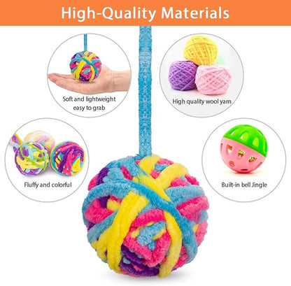 Retro Shaw Cat Toys Balls, 6Pcs Woolen Yarn Cat Ball Toy with Bell Inside, Interactive Kitten Toys for Indoor Cats Kitty, Chew Toys Jingle Pompom Ball with String