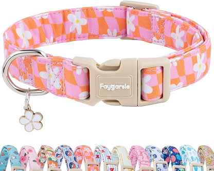 Faygarsle Floral Dog Collar, Pink and Orange Pattern with White Flowers, Spring Summer Design for Small Medium Large Dogs XS
