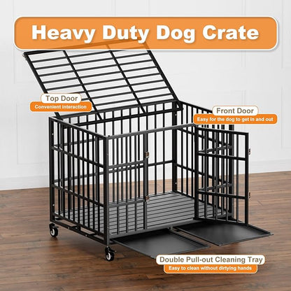 HMHTCT 42 Inch Heavy Duty Dog Crate with Wheels,Indestructible Escape-Proof Dog Kennel with Locking Latch and Double Door,Extra Large XL XXL Crate Indoor for Large and Medium Dog with Removable Tray