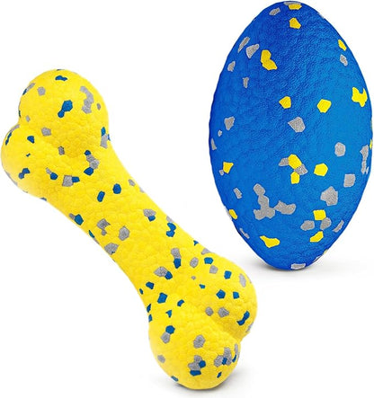 Moonorange 2Pcs Upgrade Bone Dog Balls+Rugby Dogs Toys for Aggressive Chewers, Indestructible Tennis Balls for Dogs (Blue+Yellow)