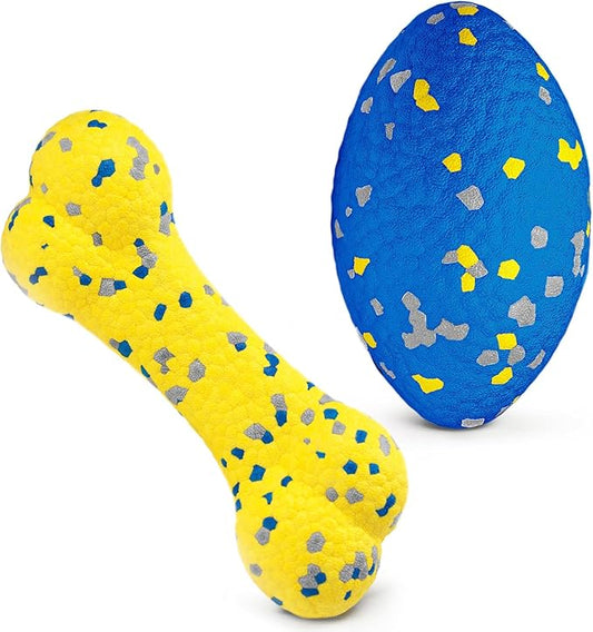 Moonorange 2Pcs Upgrade Bone Dog Balls+Rugby Dogs Toys for Aggressive Chewers, Indestructible Tennis Balls for Dogs (Blue+Yellow)