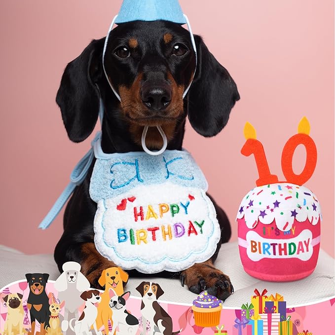 Dog Birthday Cake Toy Accessories for Girl Boy Gifts, Squeaky Plush Toy for Dog Birthday Party Decor Favor for Large, Medium and Small Dogs(10th,Pink)