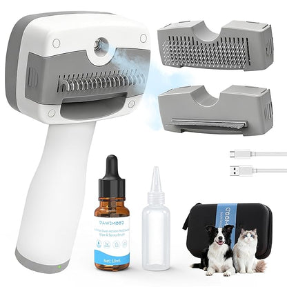 Pet Steam Brush for Dogs & Cats,5-in-1 Self-Cleaning Dog Steam Brush with 3 Swap-in Heads (Grooming, Dematting, Deshedding),Cat Spray Hair Removal Comb,Includes Pet Essence & Storage Case