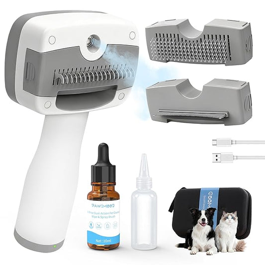 Pet Steam Brush for Dogs & Cats,5-in-1 Self-Cleaning Dog Steam Brush with 3 Swap-in Heads (Grooming, Dematting, Deshedding),Cat Spray Hair Removal Comb,Includes Pet Essence & Storage Case