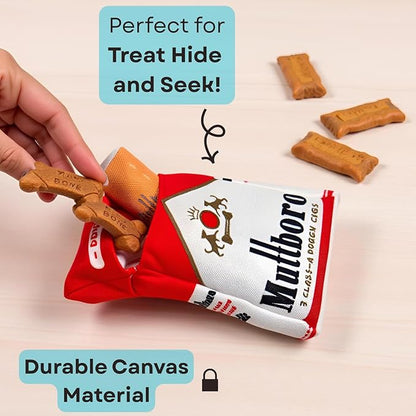 Nestpark Muttboro Doggy Cigs Funny Dog Toys - Parody Plush Squeaky Crinkle Interactive Dog Toy - Hide and Seek Treat Hiding Burrow Puzzle Toy for Stimulating Enrichment Activity