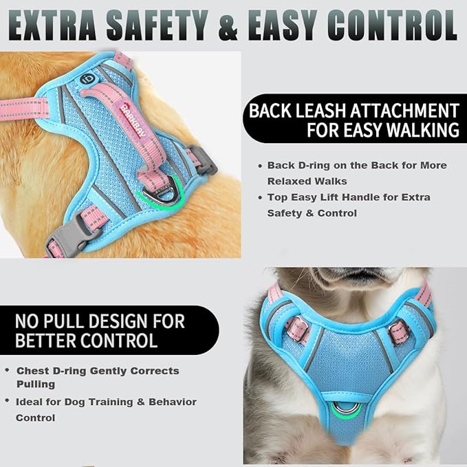 BARKBAY No Pull Dog Harness Large Reflective Dog Harness with Front Clip and Easy Control Handle for Walking Training Running with ID tag Pocket(Baby Blue & Baby Pink,S)