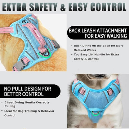 BARKBAY No Pull Dog Harness Large Reflective Dog Harness with Front Clip and Easy Control Handle for Walking Training Running with ID tag Pocket(Baby Blue & Baby Pink,S)